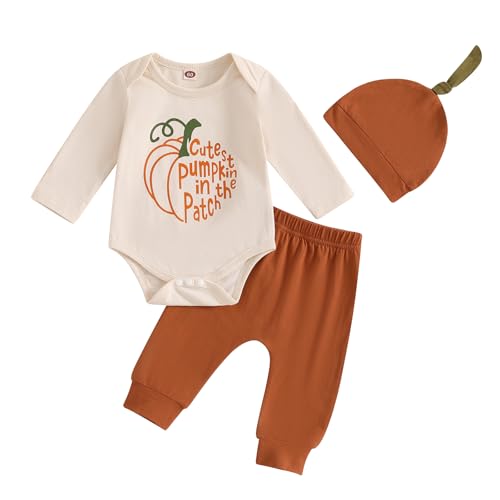 Baby Jungen Halloween Outfits 3 Teiliges Bekleidungsset Langarm Rundhalsausschnitt Briefdrucke Strampler+Kürbis Druck Hose+Hut Baby Jungen Halloween Srrampler Hosen Set (Kürbis, 6-12 Months) von Xeadoffubio