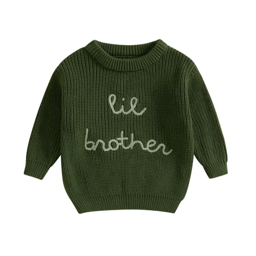 Baby Jungen Herbst Winter Strick Pullover LiL Brother Strickpullover Langarm Rundhalsausschnitt Buchstaben Stickerei Pullover Gesticktes Little Brother Rippen Strickpullover (Grün, 0-3 Months) von Xeadoffubio