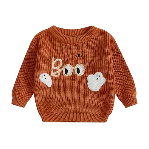 Baby Jungen Mädchen Halloween Strickpullover Kürbis Geist Stickerei Strickwaren Langarm Rundhalsausschnitt Kürbis Boo Stickerei Pullover Baby Halloween Gestrickter Top (Orange, 9-12 Months) von Xeadoffubio