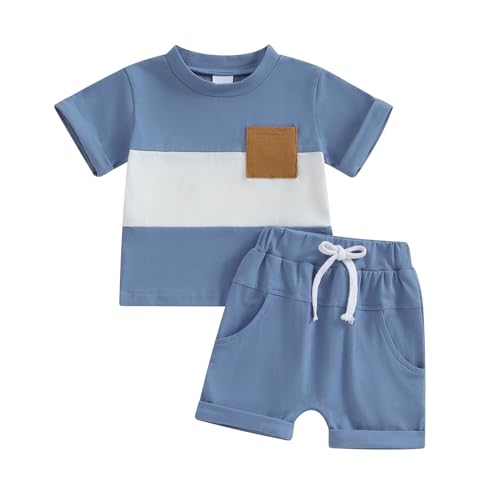 Baby Jungen Sommer Kurze Hosen Outfits Patchwork Sportanzug Kurzarm Rundhals Kontrast Farbe T-Shirt+Elastische Taille Kurzehose Jungen Loungewear Set Summer Tracksuit (Blau-H, 12-18 Months) von Xeadoffubio