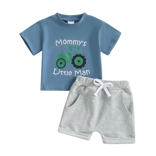 Baby Jungen Sommer Outfit Kurzarm Rundhalsausschnitt Auto/Brief/Fahrzeug Stickerei T-Shirt+Elastische Taille Kurze Hose Baby Jungen Sommer Bekleidungsset Weiche Babyset (Blau-A, 12-18 Monate) von Xeadoffubio