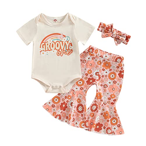 Baby Mädchen Blumen Groovy Schlaghosen Set 2/3 Teiliges Geburtstag Outfits Süße Buchstaben Strampler Shirt+Schlaghose Hose Stirnband Set Boho Sommer Fotoshooting Outfit (Beige-C, 12-18 Months) von Xeadoffubio