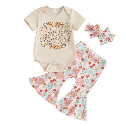 Baby Mädchen Blumen Groovy Schlaghosen Set 2/3 Teiliges Geburtstag Outfits Süße Buchstaben Strampler Shirt+Schlaghose Hose Stirnband Set Boho Sommer Fotoshooting Outfit (Khaki, 12-18 Months) von Xeadoffubio