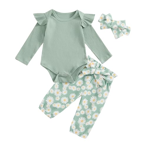 Baby Mädchen Blumen Hosen Set Daisy Bekleidungsset Babykleidung Set Baby Langarm Rüschen Body Strampler+Gänseblümchen Hose+Stirnband Baby Mädchen Frühling Herbst Outfit (Grün-C, 0-3 Monate) von Xeadoffubio