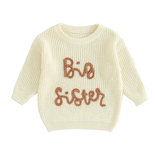 Baby Mädchen Herbst Winter Strickpullover Gestrickter Lil/Big Sister Pullover Schwester Matching Pullover Outfits Langarm Rundhals Buchstaben Strickpullover Baby Strickware (Weiß-B, 12-18 Months) von Xeadoffubio