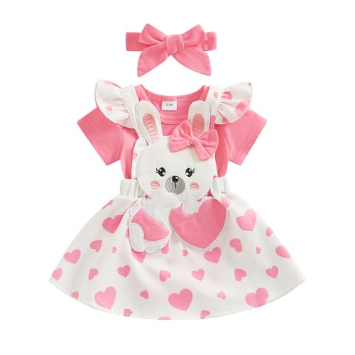 Baby Mädchen Ostern Outfit Kurzarm Strampler+Hasen Herzmuster Hosenträger Rock+3D Bow Stirnband Kleines Mädchen Ostern Performance-Kleid Party Outfit (Rosa, 3-6 Months) von Xeadoffubio