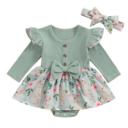 Baby Mädchen Ostern Outfit Ostern Strampler Kleid Lange Ärmel Rundhalsausschnitt Hase Blume drucken A-line Romper Kleid mit Stirnband Baby Mädchen Ostern Kleid Streetwear (Grün, 0-3 Months) von Xeadoffubio