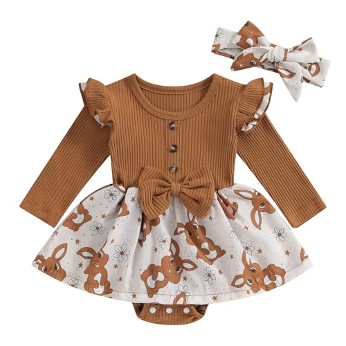 Baby Mädchen Ostern Outfit Ostern Strampler Kleid Lange Ärmel Rundhalsausschnitt Hase Blume drucken A-line Romper Kleid mit Stirnband Baby Mädchen Ostern Kleid Streetwear (Khaki, 6-9 Months) von Xeadoffubio