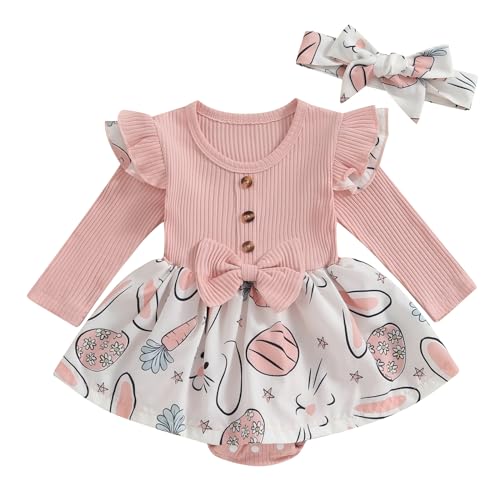 Xeadoffubio Baby Mädchen Ostern Outfit: Strampler mit Langärmeln, Rundhalsausschnitt, Hase & Blume Druck, A-line Romper, Stirnband (Rosa, 9-12 Monate) von Xeadoffubio