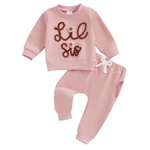 Baby Mädchen Schwester Matching Herbst Outfit Baby Mädchen LIL/BIG Sister Druck Sweatshirt Hosen Set Langarm Stickerei Buchstaben Sportanzug Jogginganzug Big/Little Sister Waffel Sweatshirt+Hose von Xeadoffubio
