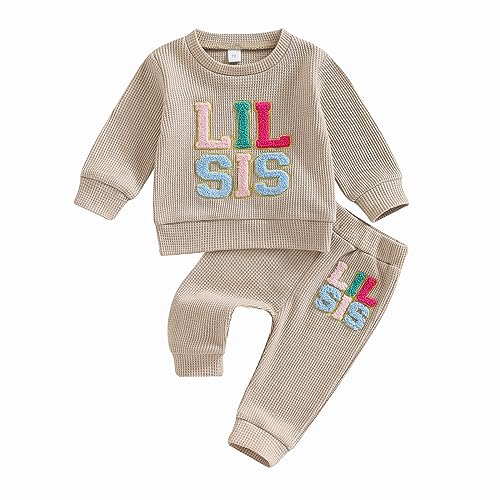 Baby Mädchen Schwester Matching Herbst Outfit Baby Mädchen LIL/BIG Sister Druck Sweatshirt Hosen Set Langarm Stickerei Buchstaben Sportanzug Jogginganzug Big/Little Sister Waffel Sweatshirt+Hose von Xeadoffubio