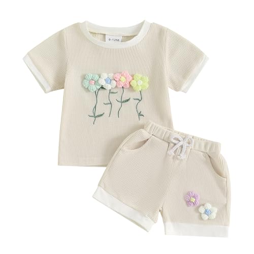 Baby Mädchen Sommer Waffel Outfits 3D Blumen Kurze Hosen Set Jogger Shorts Set Kurzarm 3D Blumen Waffel T-Shirt+Elastische Kurze Hose Cute Blumen Shorts Set Weiche Babyset (Beige, 12-18 Monate) von Xeadoffubio
