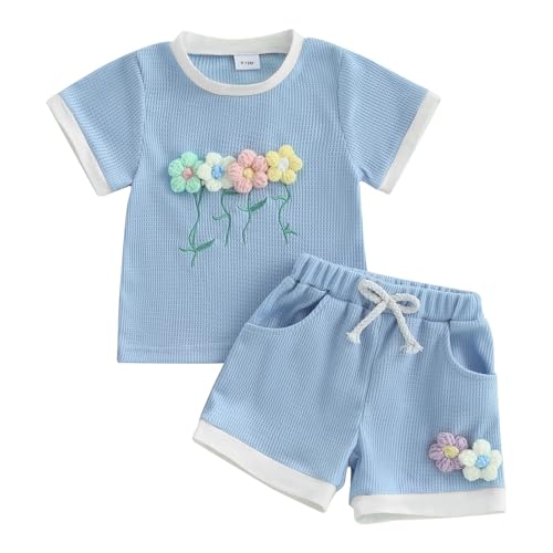 Baby Mädchen Sommer Waffel Outfits 3D Blumen Kurze Hosen Set Jogger Shorts Set Kurzarm 3D Blumen Waffel T-Shirt+Elastische Kurze Hose Cute Blumen Shorts Set Weiche Babyset (Hellblau, 2-3 Jahre) von Xeadoffubio