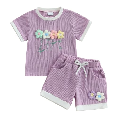 Baby Mädchen Sommer Waffel Outfits 3D Blumen Kurze Hosen Set Jogger Shorts Set Kurzarm 3D Blumen Waffel T-Shirt+Elastische Kurze Hose Cute Blumen Shorts Set Weiche Babyset (Lila, 2-3 Jahre) von Xeadoffubio