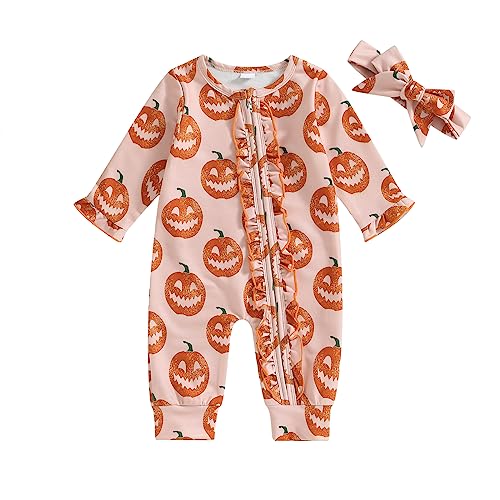 Baby Unisex Halloween Geist/Kürbis Strampler Langarm Geist/Kürbis Muster Einteiler Romper Baby Jungen Mädchen Halloween Bodysuit Overall Baby Partyskostüm Halloween Outfit (Pink, 0-3 Months) von Xeadoffubio