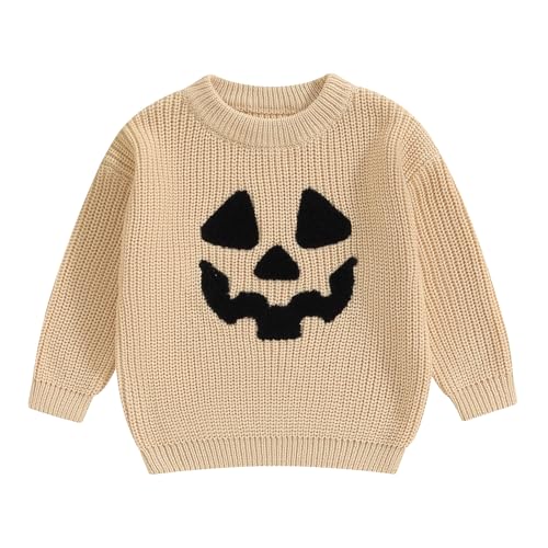 Baby Unisex Halloween Pullover Langarm Rundhalsausschnitt Kürbis Buchstabe Stickerei Strick Pullover Baby Halloween Sweatshirt Halloween Geist Pumpkin Strick Pullover (Khaki-B, 6-9 Months) von Xeadoffubio