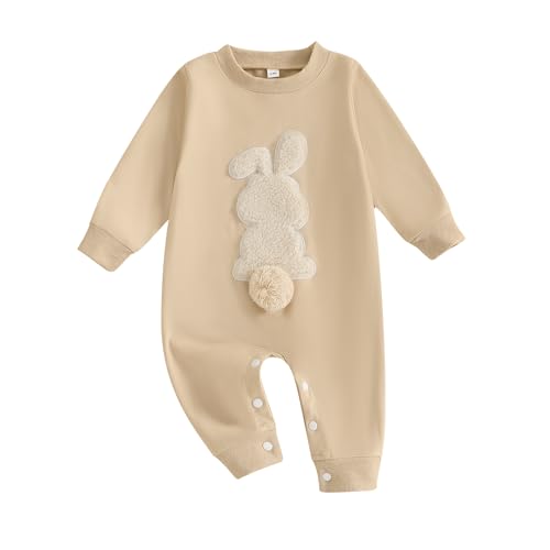 Baby Unisex Ostern Jumpsuit Hase Stickerei Strampler Langarm Rundhalsausschnitt Hähnchen Stickerei Jumpsuit Baby Jungen Mädchen Einteiler Ostern Hase Strampler Ostern Outfit (Beige, 3-6 Monate) von Xeadoffubio