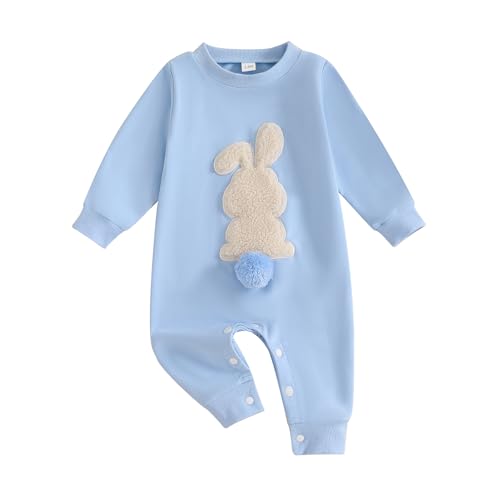 Baby Unisex Ostern Jumpsuit Hase Stickerei Strampler Langarm Rundhalsausschnitt Hähnchen Stickerei Jumpsuit Baby Jungen Mädchen Einteiler Ostern Hase Strampler Ostern Outfit (Blau, 0-3 Monate) von Xeadoffubio