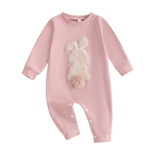 Baby Unisex Ostern Jumpsuit Hase Stickerei Strampler Langarm Rundhalsausschnitt Hähnchen Stickerei Jumpsuit Baby Jungen Mädchen Einteiler Ostern Hase Strampler Ostern Outfit (Rosa, 3-6 Monate) von Xeadoffubio