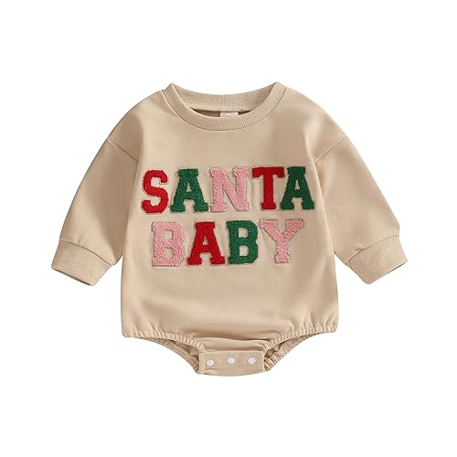 Baby Unisex Weihnachten Sweatshirt Langarm Rundhalsausschnitt Cartoon Muster Jumpsuit Weihnachtsmann Druck Oversized Romper Weihnachten Outfit (Beige-C, 12-18 Months) von Xeadoffubio