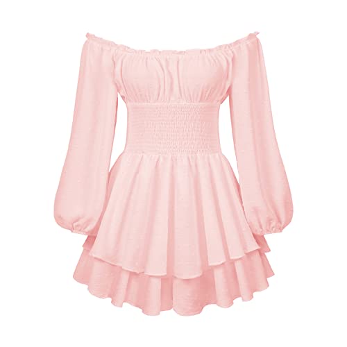 Damen Sommer Rüschenkleid mit integrierten Shorts Langarm Schulterfrei Korsett Kleid Mini Chiffon Kleid Einfarbige Rüschenarm Plisse Kleid Mit U Ausschnitt Blusenkleid Strandkleid (Rosa-B , S ) von Xeadoffubio