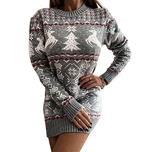 Damen Weihnachten Pulloverkleid Jacquard Gestricktes Kleid Langarm Rundhalsausschnitt Strick Pullover Weihnachtsmotiv Pulloverkleid Weihnachten Winter Loose Fit Strickkleid (Grau, S) von Xeadoffubio