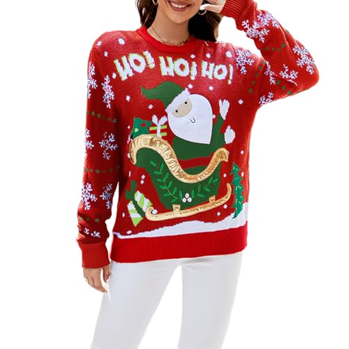 Damen Weihnachten Strickpullover Langarm O-Ausschnitt Schneeflocke/Elchdruck Gestrickter Pullover Weihnachtsmotiv Sweatshirt Pullover Winterpulli Christmas Sweater Weihnachten Outwear (Rot-G, M) von Xeadoffubio