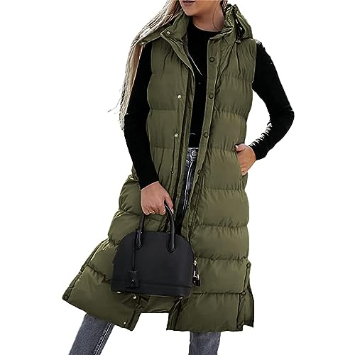 Damen Winter Lange Daunenweste Ärmellose Lange Steppweste Mit Kapuze Leicht Winterjacke Winterweste Daunenmantel Outdoor Puffer Jacke Winter Warm Longweste Streetwear Winter Outfit (Grün-A, M) von Xeadoffubio