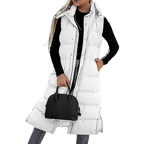 Damen Winter Lange Daunenweste Ärmellose Lange Steppweste Mit Kapuze Leicht Winterjacke Winterweste Daunenmantel Outdoor Puffer Jacke Winter Warm Longweste Streetwear Winter Outfit (Weiß, L) von Xeadoffubio