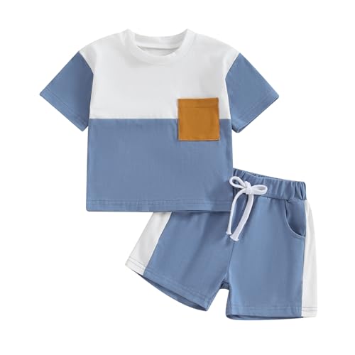 Xeadoffubio 2PCS Kleinkind Baby Junge Winter Outfit Kleinkind Jungen Crewneck Sweatshirt und Hosen Sets Langarm Kontrast Farbe Tops und Drawstring Hosen Sets (Blau Short3, 12-18 Monate) von Xeadoffubio
