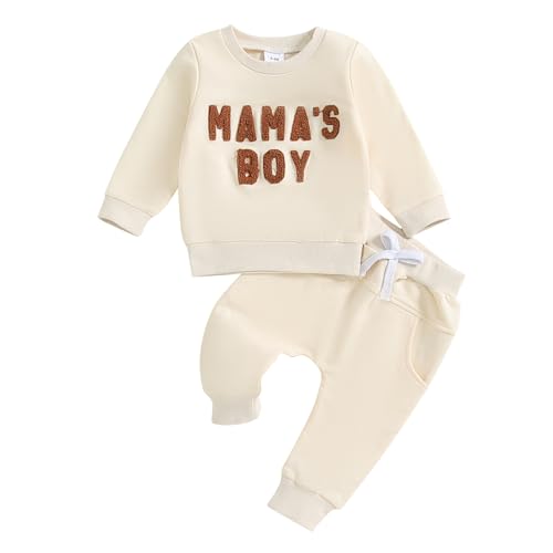 Xeadoffubio Baby Jungen Herbst Outfit Mama's Boy Druck Hosen Set Langarm Rundhalsausschnitt Mama's Boy Muster Sweatshirt Elastische Hosen Checkerboard Drawstring Hosen Set (Apricot-D, 12-18 Months) von Xeadoffubio