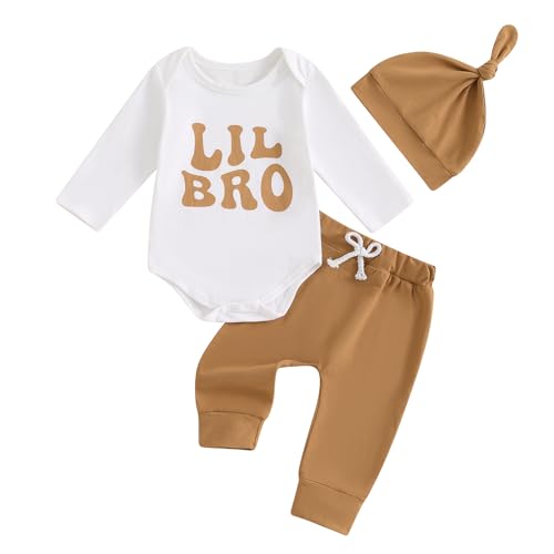 Xeadoffubio Baby Jungen Outfit LIL BRO Druck Bekleidungsset 3tlg Babykleidung Set Langarm LIL BRO Strampler Bodysuit+Hose+Mütze Neugeborenes Weiche Babyset (Braun, 3-6 Months) von Xeadoffubio