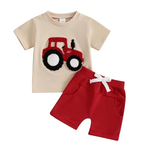 Xeadoffubio Baby Jungen Sommer Outfit Kurzarm Rundhalsausschnitt Auto/Brief/Fahrzeug Stickerei T-Shirt+Elastische Taille Kurze Hose Baby Jungen Sommer Bekleidungsset Weiche Babyset (Rot, 2-3 Jahre) von Xeadoffubio