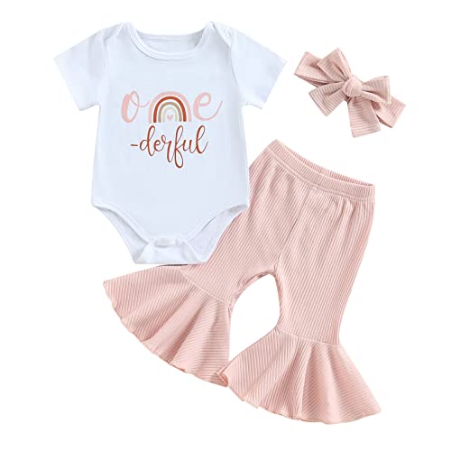 Xeadoffubio Baby Mädchen 1. Geburtstag Outfits Brief Regenbogen Druck Fliege Ärmel Rompers Flare Hosen Stirnband 3Pcs Sommer Kleidung Set von Xeadoffubio