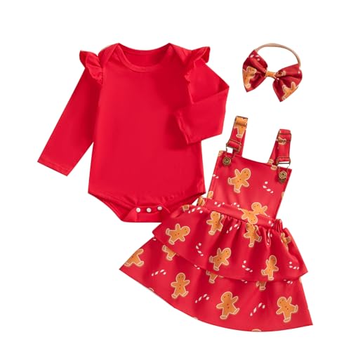 Xeadoffubio Baby Mädchen Weihnachten Outfit Strampler Hosenträger Rock Set Baby Niedlich Weihnachten Bekleidungsset Langarm Rüschen Bodysuit+Hosenträger Tutu Rock Mit Stirnband (Rot-F, 6-12 Months) von Xeadoffubio
