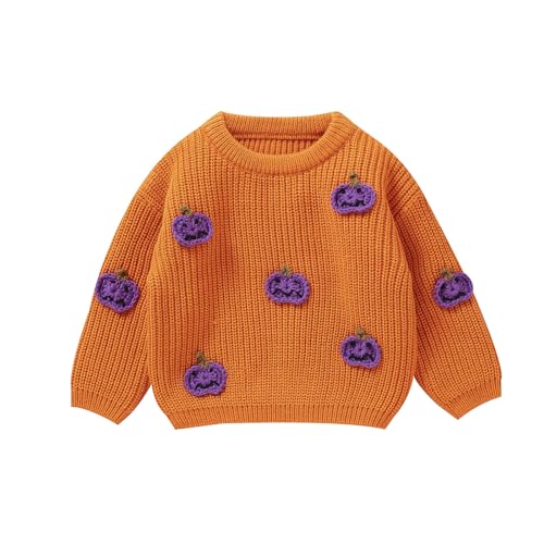 Xeadoffubio Baby Unisex Halloween Pullover Langarm Rundhalsausschnitt Kürbis Buchstabe Stickerei Strick Pullover Baby Halloween Sweatshirt Halloween Geist Pumpkin Strick Pullover (Braun, 6-9 Months) von Xeadoffubio
