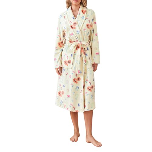 Xeadoffubio Damen Bademantel Flanell Cartoon Muster Morgenmantel Flauschig Kimono Robe Fleece Bademantel Mit Bindegürtel Warme Langarm Reverskragen Bademantel Kuschelige Cardigan Cardigan Loungewear von Xeadoffubio