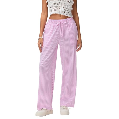 Xeadoffubio Damen Leinenhosen Lockere Streifen Freizeithose Y2K Gestreifte Palazzohose Mit Elastischer Taillen Lässig Weites Bein Pyjamashosen Bequeme Kordelzug Lounge-Pants Streetwear (Rosa, M) von Xeadoffubio
