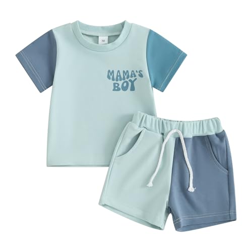 Xeadoffubio Neugeborenes Baby Junge Sommerkleidung Mama's Junge T-Shirt Farbe Block Jogger Shorts 2Pcs Kleidung Set Kleinkind Baby Junge Mama's Junge Farbe Block Sommer Outfit (Blue6, 6-12 Monate) von Xeadoffubio