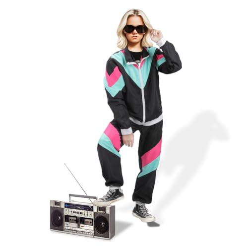 XehCaol 80er Trainingsanzug Kinder 80er Outfit Jogging Anzug 80er Trainingsanzug Disco Jacke und Hose Retro-Style Karneval Mottoparty (Schwarz, 140cm) von XehCaol