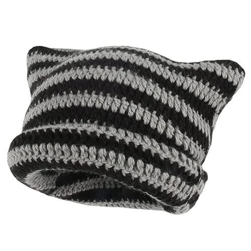 XehCaol Y2k Cat Beanie,Lustige Mütze Mit Ohren Katzenohren Strickmützen Knitted Hat Cat Ears Teufel hörner Mädchen Y2k Grunge Accessoires(Black) von XehCaol