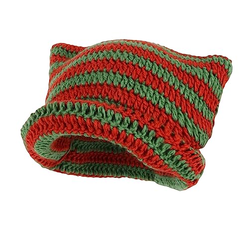 XehCaol Y2k Cat Beanie,Lustige Mütze Mit Ohren Katzenohren Strickmützen Knitted Hat Cat Ears Teufel hörner Mädchen Y2k Grunge Accessoires (Green+Red) von XehCaol