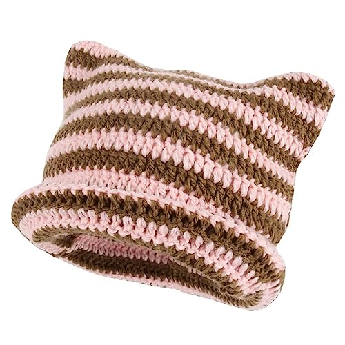 XehCaol Y2k Cat Beanie,Lustige Mütze Mit Ohren Katzenohren Strickmützen Knitted Hat Cat Ears Teufel hörner Mädchen Y2k Grunge Accessoires (Pink) von XehCaol