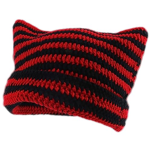 XehCaol Y2k Cat Beanie,Lustige Mütze Mit Ohren Katzenohren Strickmützen Knitted Hat Cat Ears Teufel hörner Mädchen Y2k Grunge Accessoires (Red) von XehCaol