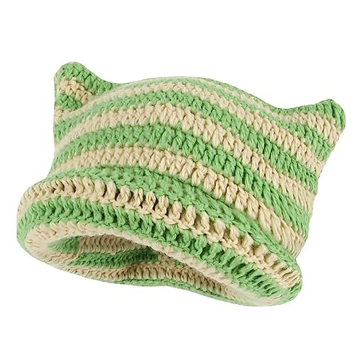 XehCaol Y2k Cat Beanie,Lustige Mütze Mit Ohren Katzenohren Strickmützen Knitted Hat Cat Ears Teufel hörner Mädchen Y2k Grunge Accessoires (Green) von XehCaol