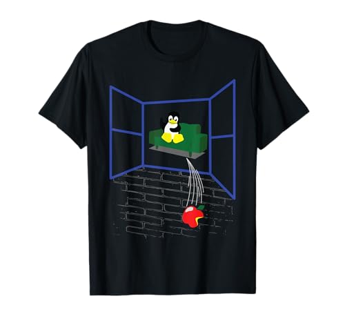XeirePrint Damen & Herren Unisex Kinder Linux Pinguin Wirft ein Apple aus dem Fenster T-Shirt Schwarz S Cartoon Halbarm Klassisch Polyester 100% Baumwolle, Polyester Lustiger IT-Humor-Design von XeirePrint