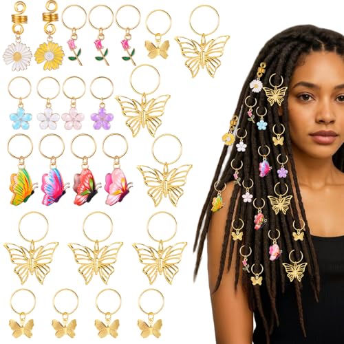 Haarschmuck, Schmetterlings-Clips, Dreadlock-Zubehör, Haaranhänger für Zöpfe, Schmetterling, Blumen-Zopf-Clips, bunte Schmetterlinge, Anhänger für Damen, 24 Stück von Xelsluthe