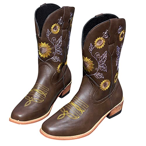 XeonZkne Schlupfstiefel Damen Outdoor Cowboy Boots Schlupfstiefel Kurzschaft Stiefel Halbhohe Herbst/Winter Stiefeletten Damen-Boots Chunky retro bestickte Sonnenblumen bedruckte Schnalle von XeonZkne