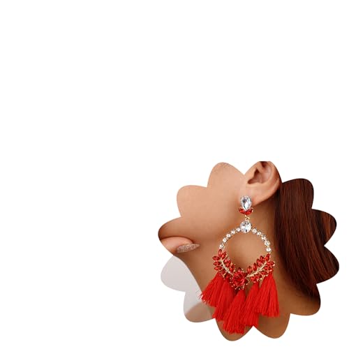 Xerling Faden Quaste Tropfen Ohrringe Rosa Strass Kristall Creolen Blume Fransen Ohrstecker für Frauen Statement Ohrringe, Metall Strass von Xerling