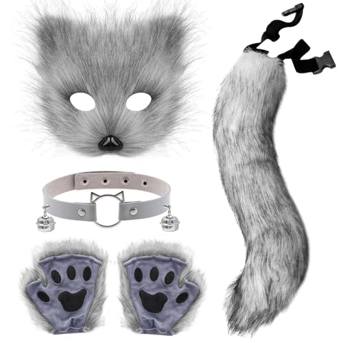Xerteam Kunstpelz Fuchs Kostüm, Fuchs Cosplay Kostüm Set Plüsch Fuchsschwanz Fuchs Maske Glocken Halskette Fuchshandschuhe, Geeignet für Halloween Karnevals Cosplay Partys (Grau) von Xerteam
